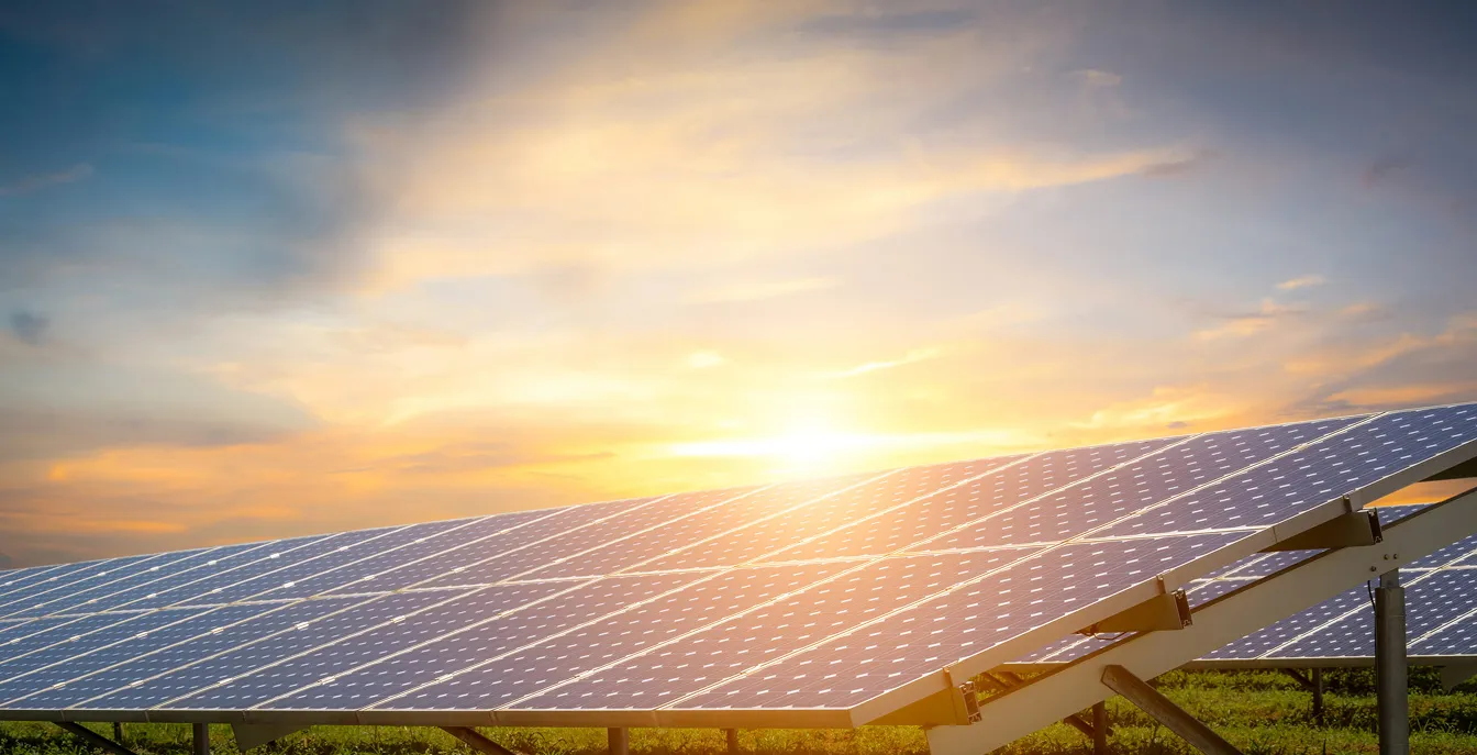 solar panels standing in front of a sunset